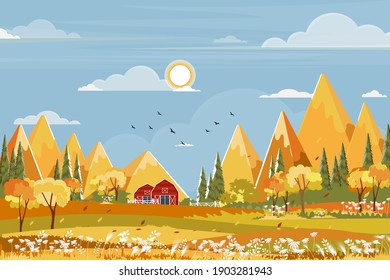 Autumn Landscap Of Farm Field With Blue Sky,Wonderland Of Mid Autumn In Countryside With Clouds Sky And Sun, Mountain, Grass Land In Orange Foliage,Vector Banner For Fall Season Or Autumnal Background