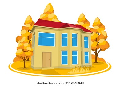 Autumn landscape. 3D cottage surrounded by trees. Vector illustration