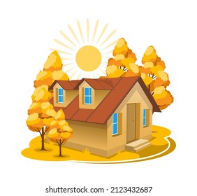 Autumn landscape. 3D cottage surrounded by trees. Vector illustration