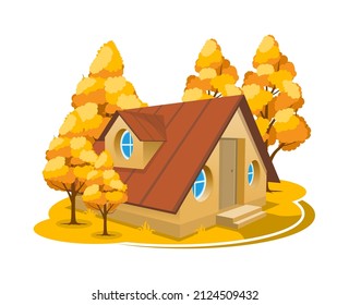 Autumn landscape. 3D cottage surrounded by trees. Vector illustration