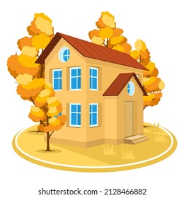 Autumn landscape. 3D cottage surrounded by trees. Vector illustration