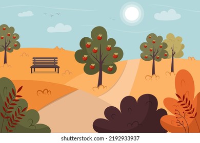 Autumn landscape. Apple orchard. Vector illustration, flat style.