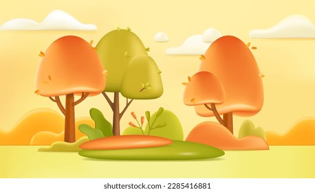 Ilustración 3d del fondo del paisaje otoñal. Pradera forestal con árboles verdes y naranjas y plantas al estilo de las caricaturas. Naturaleza, temporada, concepto de verano