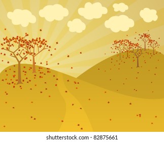 Autumn landscape background with blowing leaves.
