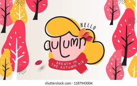 Autumn landscape background and Calligraphy design.Vector illustration template.greeting cards.