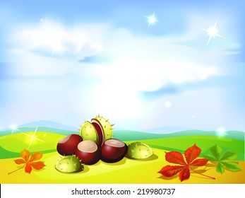 autumn landscape background with chestnuts- vector illustration