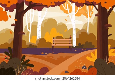 Autumn landscape background concept. Beautiful forest or park with trees, orange leaves and bushes. Wooden bench with birds. Changing seasons of year. Cartoon colorful flat vector illustration