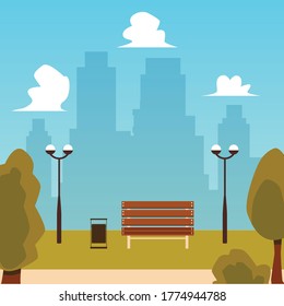 Autumn landscape background design with park bench and trees flat cartoon vector illustration. Modern cityscape view layout from autumn or fall city park.