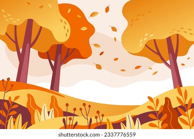 Fondo del paisaje otoñal, parque otoñal o bosque. Paisaje de mediados de otoño con árboles frutales anaranjados y hojas cayendo. Ilustración vectorial para gráficos móviles y web.