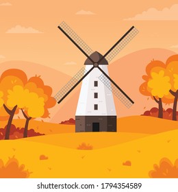 Fondo del paisaje otoñal con molino de viento agrícola, ilustración vectorial.