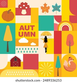 Herbstlandschaft Hintergrund mit geometrischem Stil.Editierbare Vektorillustration für Postkarte,a4 quadratische Größe
