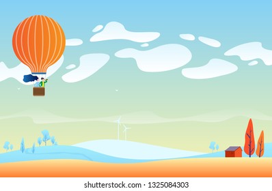 Autumn landscape background. Nature backdrop. Balloon trip. Tourism banner.