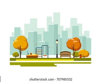 Autumn landscape background. Public park in the city with children playground. Vector illustration.