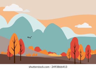 Autumn landscape background with Red,orange leaf tree,Mountain and cloud fall season.Vector design illustration