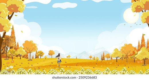 Autumn Landscape Background Scene With Forest Rural Branch, Seasonal Day Field And Fall Design, Vector Leaf Foliage, Maple Sky And Nature Illustration For Harvest Banner And Countryside Poster.