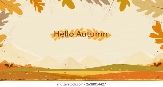 Autumn Landscape Background Scene With Forest Rural Branch, Seasonal Day Field And Fall Design, Vector Leaf Foliage, Maple Sky And Nature Illustration For Harvest Banner And Countryside Poster.