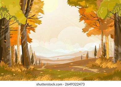 Autumn Landscape Background Scene With Forest Rural Branch, Seasonal Day Field And Fall Design, Vector Leaf Foliage, Maple Sky And Nature Illustration For Harvest Banner And Countryside Poster.