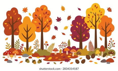 Autumn Landscape Background Scene With Forest Rural Branch, Seasonal Day Field And Fall Design, Vector Leaf Foliage, Maple Sky And Nature Illustration For Harvest Banner And Countryside Poster.
