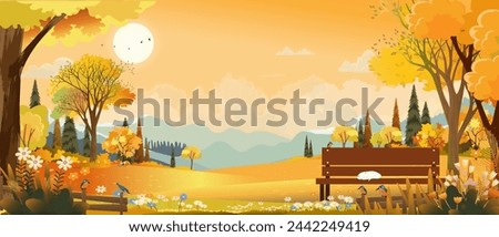 Autumn Landscape Background Scene With Forest Rural Branch, Seasonal Day Field And Fall Design, Vector Leaf Foliage, Maple Sky And Nature Illustration For Harvest Banner And Countryside Poster.