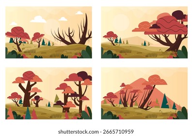 Fondo del paisaje del otoño fijado con el bosque de naranjos caliente y el diseño del Vector de las hojas que cae