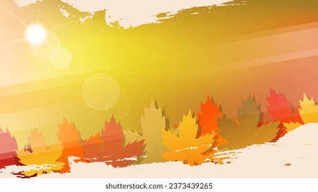 Autumn landscape background with autumn sun, maple leaves and brush strokes for Fall Season creative graphic design. Vector illustration.
