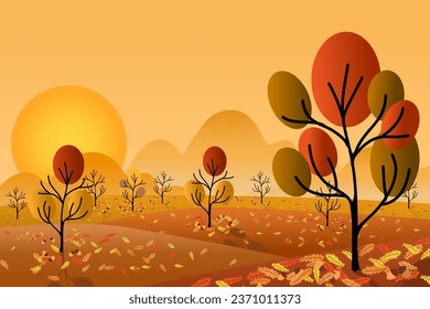 Paisaje otoñal Fondo Atardecer en la montaña.Arboles de roble , hojas, maíz. Caricatura vectorial en el cielo naranja de la puesta de sol de la selva de otoño. Cartel de la ilustración de tierras de cultivo. Copiar espacio. 3.ª