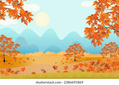 Autumn Landscape Background Sunset on the mountain. Maple trees , leaves, Acorn. Vector cartoon in Fall season forest oak tree orange sunset sky. Illustration banner poster farmland. Copy space. 3D