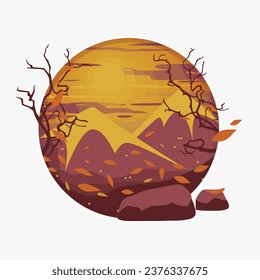 Fondo del paisaje otoñal, Caricatura vectorial.  Árbol de temporada de otoño. Estilo de arte de papel. Atardecer en las montañas. Sale al viento. Un paisaje de estilo plano.