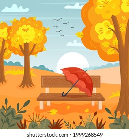 Autumn landscape background. Vector illustration of bench, umbrella, yellow trees and fallen leaves. Vector illustration in flat style
