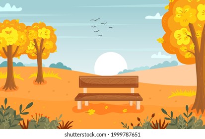 Autumn landscape background. Vector illustration of bench, umbrella, yellow trees and fallen leaves. Vector illustration in flat style