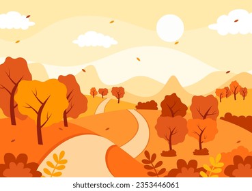 Autumn Landscape Background Vector Illustration with Mountains, Fields, Trees and Fall Leaves in Flat Cartoon Natural Season Panorama Templates