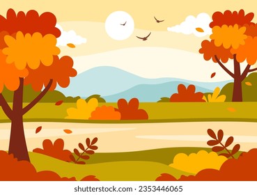 Autumn Landscape Background Vector Illustration with Mountains, Fields, Trees and Fall Leaves in Flat Cartoon Natural Season Panorama Templates