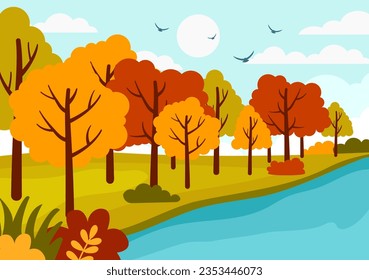 Autumn Landscape Background Vector Illustration with Mountains, Fields, Trees and Fall Leaves in Flat Cartoon Natural Season Panorama Templates