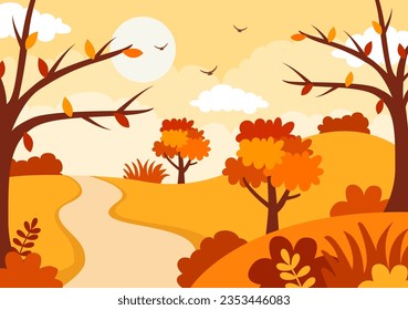 Autumn Landscape Background Vector Illustration with Mountains, Fields, Trees and Fall Leaves in Flat Cartoon Natural Season Panorama Templates
