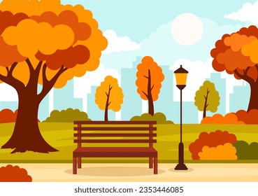 Ilustración de vectores de fondo paisajístico otoñal con montañas, campos, árboles y hojas de otoño en plantillas de panorámica de temporada natural de dibujos planos