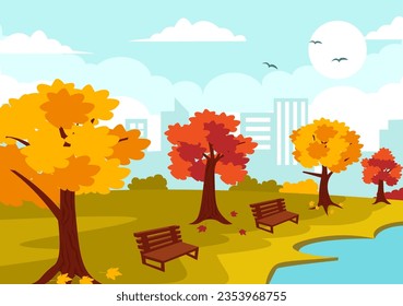 Autumn Landscape Background Vector Illustration with Mountains, Fields, Trees and Fall Leaves in Flat Cartoon Natural Season Panorama Templates