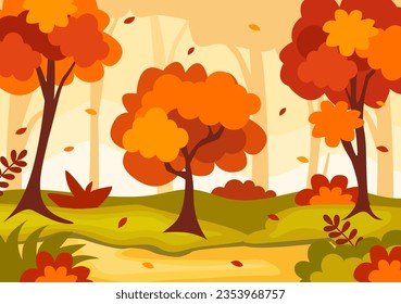 Autumn Landscape Background Vector Illustration with Mountains, Fields, Trees and Fall Leaves in Flat Cartoon Natural Season Panorama Templates