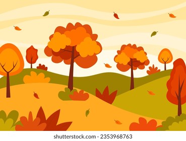 Autumn Landscape Background Vector Illustration with Mountains, Fields, Trees and Fall Leaves in Flat Cartoon Natural Season Panorama Templates