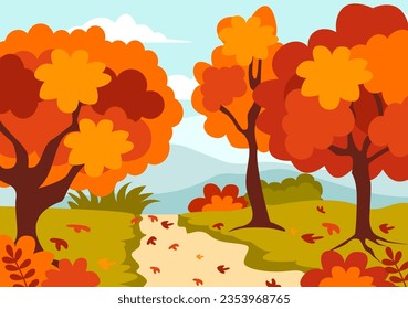 Ilustración de vectores de fondo paisajístico otoñal con montañas, campos, árboles y hojas de otoño en plantillas de panorámica de temporada natural de dibujos planos