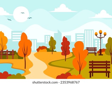 Autumn Landscape Background Vector Illustration with Mountains, Fields, Trees and Fall Leaves in Flat Cartoon Natural Season Panorama Templates