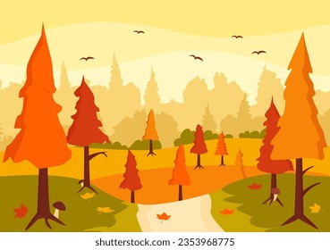 Autumn Landscape Background Vector Illustration with Mountains, Fields, Trees and Fall Leaves in Flat Cartoon Natural Season Panorama Templates