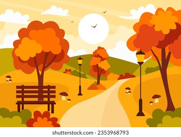 Autumn Landscape Background Vector Illustration with Mountains, Fields, Trees and Fall Leaves in Flat Cartoon Natural Season Panorama Templates