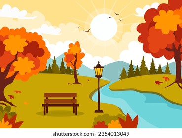Autumn Landscape Background Vector Illustration with Mountains, Fields, Trees and Fall Leaves in Flat Cartoon Natural Season Panorama Templates