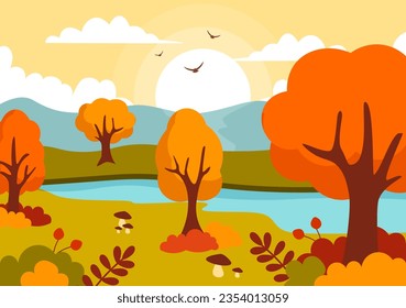 Autumn Landscape Background Vector Illustration with Mountains, Fields, Trees and Fall Leaves in Flat Cartoon Natural Season Panorama Templates