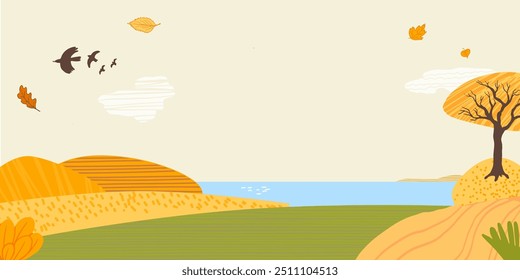 Autumn landscape background vector illustration with trees, lake, fields, falling leaves. warm, calm, bright mood. Best for posters, banners, flyers, wedding invitations, save the date, card, menu.