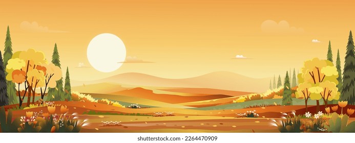 Autumn landscape Background,Countryside with Sunset Sky,Beautiful Mid Autumn farm field, mountain,grass land in orange foliage falling from trees in yellow Sky.Horizon Banner landscape in fall season 