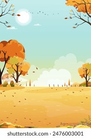 Autumn Landscape Background,Fall season with  Sunset sky,orange leaf,forest tree in village,Vector llustration vertical banner of farmland with cloud and sun for Harvest festival