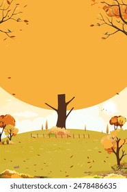 Autumn Landscape Background,Fall season with  Sunset sky,orange leaf,forest tree in village,Vector llustration vertical banner of farmland with cloud and sun for Harvest festival