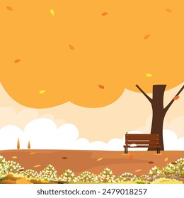Autumn Landscape Background,Fall season with  Sunset sky,orange leaf,forest tree in village,Vector llustration vertical banner of farmland with cloud and sun for Harvest festival
