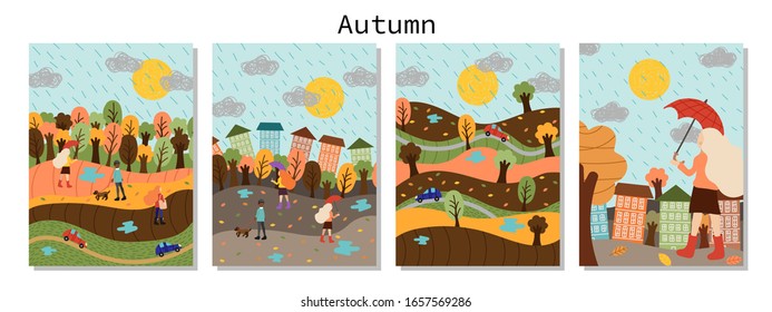 Autumn landscape backgrounds set with seasonal people outdoor activities, yellow trees, rainy clouds in the sky, hand drawn doodle vector illustration of nature